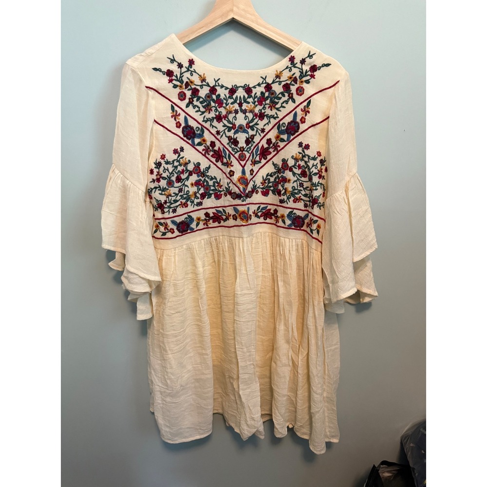 Umgee USA Boho Floral Embroidered Ruffle Bell Sleeve Gauze Dress Cream Medium